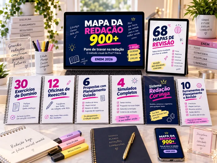 Mapa da Redação 900+: 68 mapas de revisão, 30 exercícios, 12 oficinas, 6 propostas, 4 simulados, Redação Coringa e 10 ferramentas
